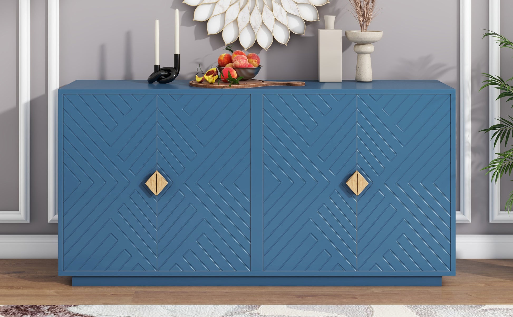 Modern Functional Large Storage Space Sideboard With Wooden Triangular Handles And Adjustable Shelves For Living Room And Dining Room Navy Blue Navy Blue Mdf