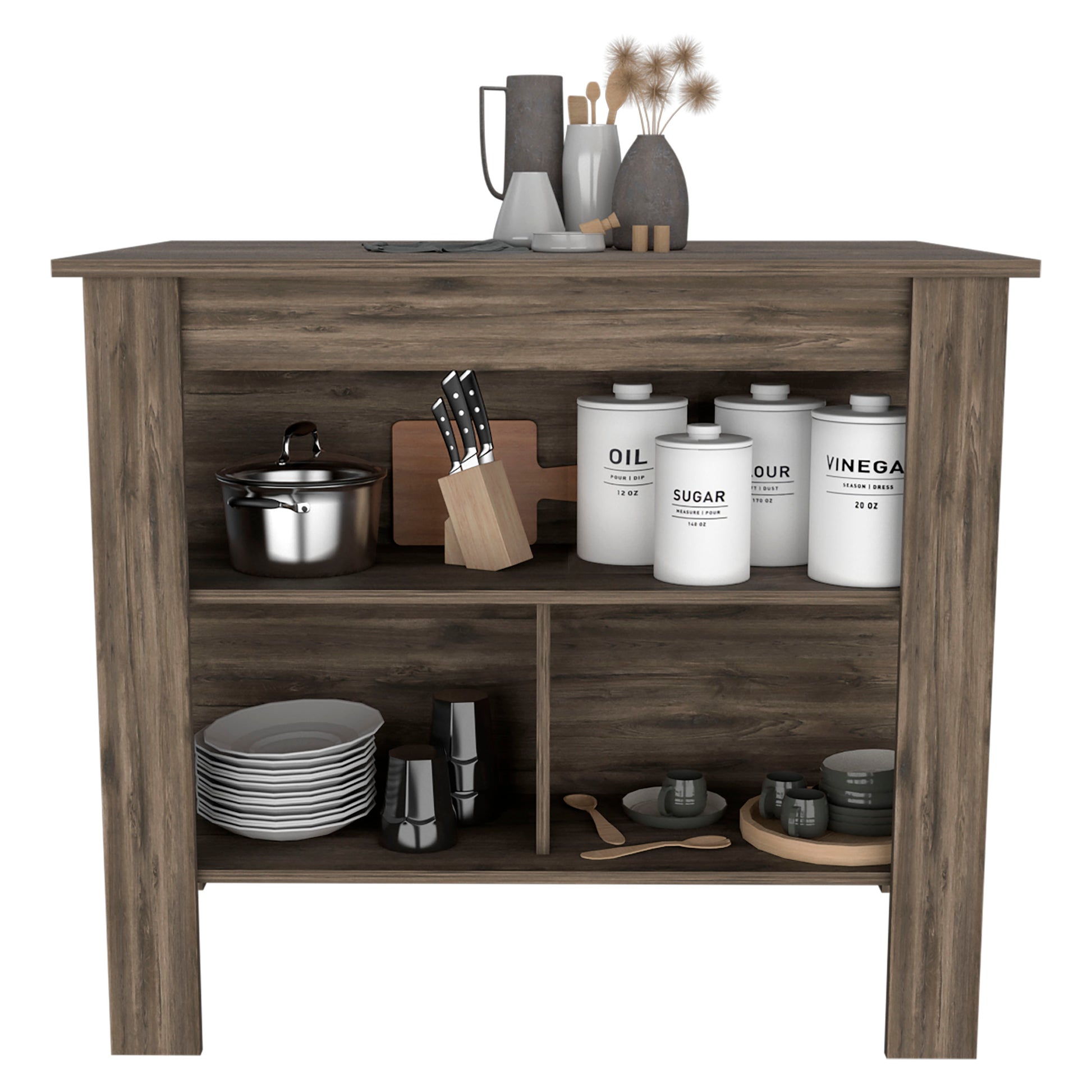 Delos Kitchen Island, Four Legs, Three Shelves, Dark Brown Brown Particle Board Particle Board