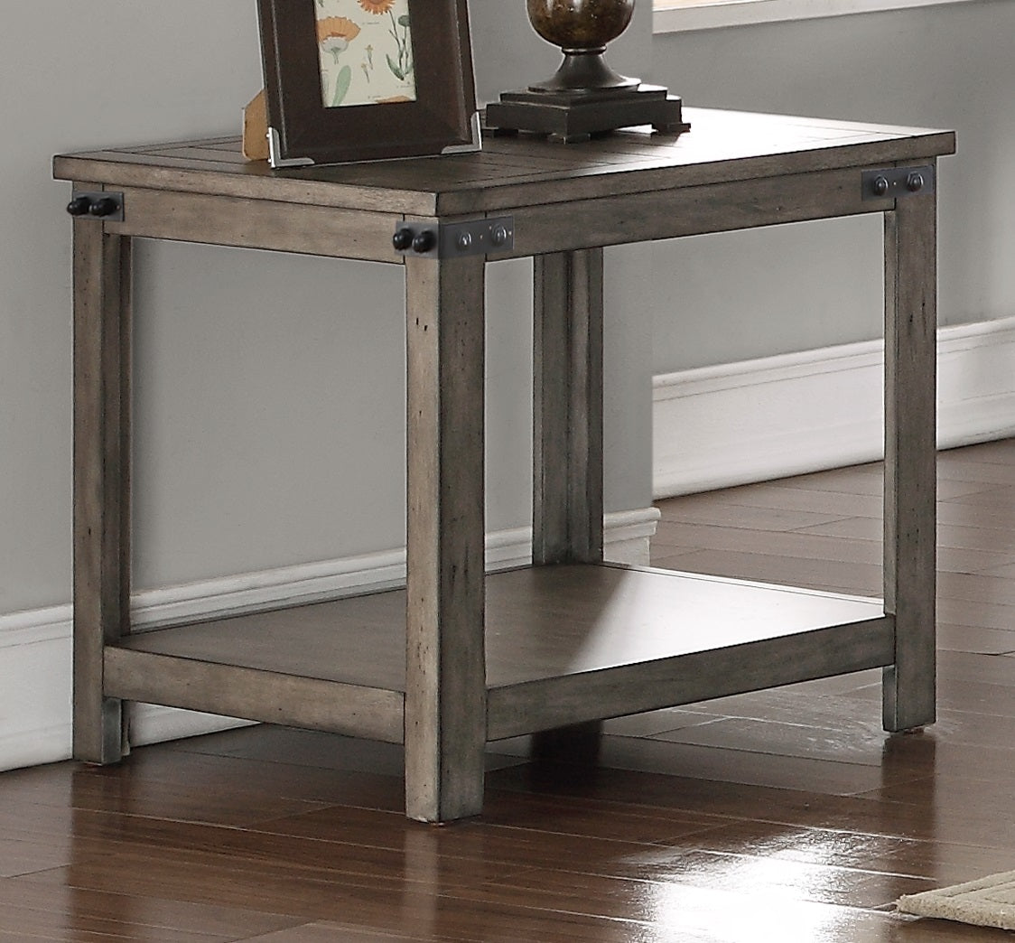 Storehouse End Table, No Assembly Required, Smoked Grey Finish Greige Gray Primary Living Space Farmhouse,Industrial,Rustic Freestanding Square Shelves Coffee & End Tables Square Wood