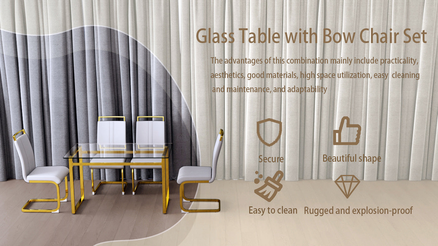 51 Inch Glass Dining Table Set For 4, Dining Table & Chair Sets With Golden Plating Legs For Kitchen, Modern Rectangle Tempered Glass Table Top And Pu Dining Armless Chair For Dining Room Transparent Glass