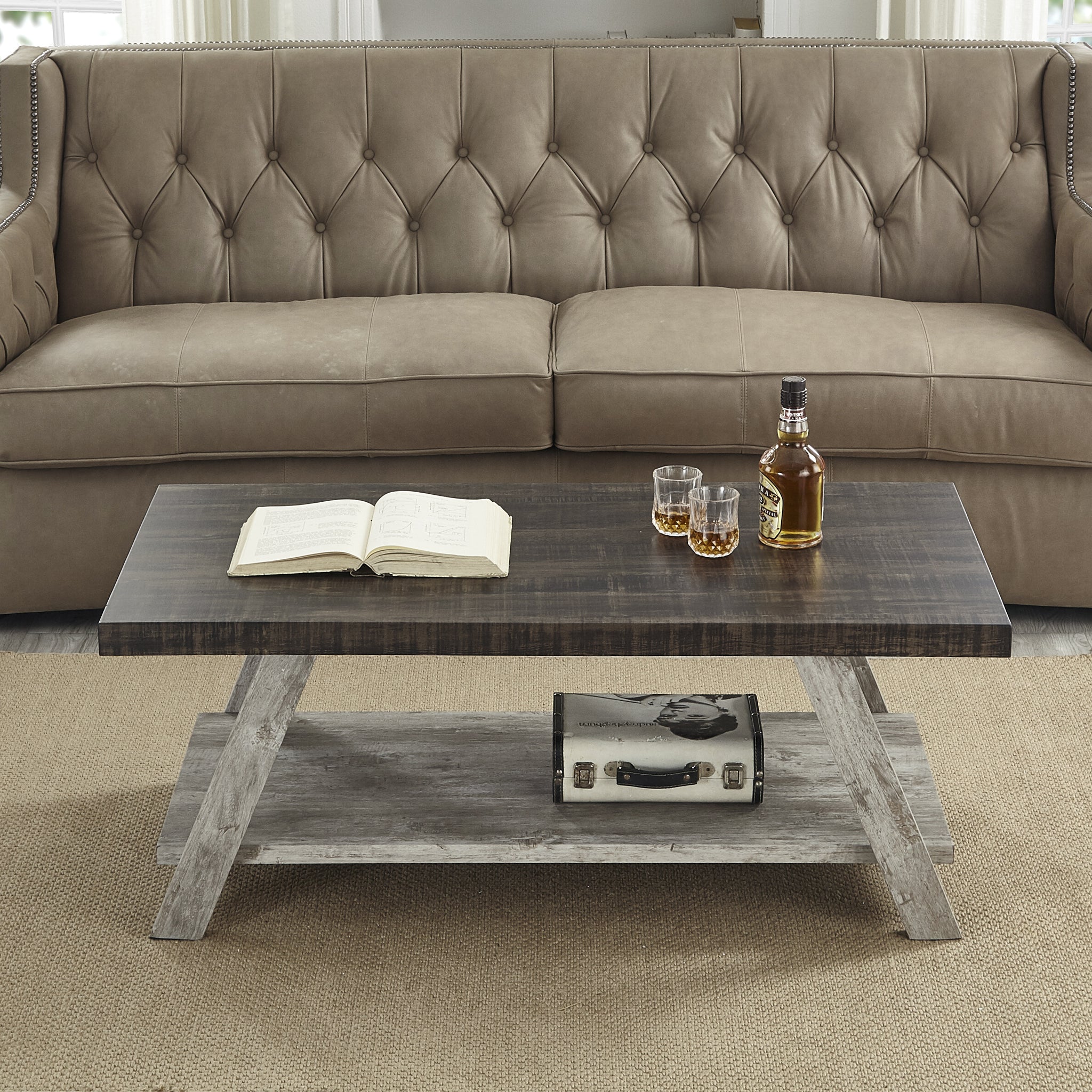 Athens Contemporary Two Tone Wood Shelf Coffee Table In Weathered Walnut And Gray Multicolor Wood