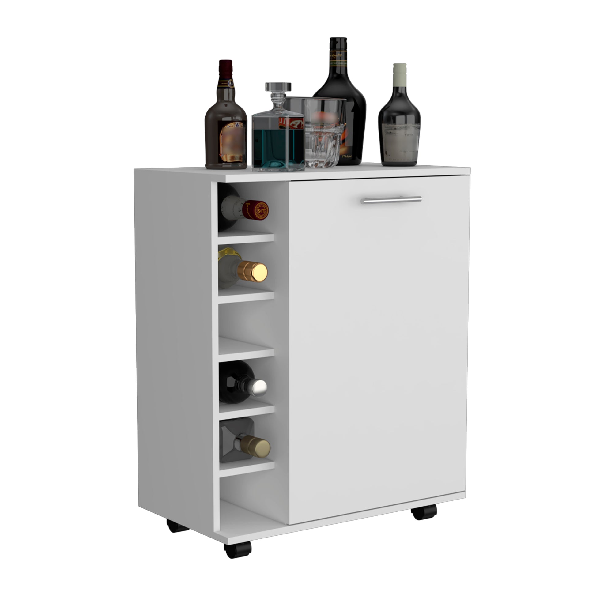 Bar Coffee Cart 32" H, Kitchen Or Living Room Cabinet Storage With 4 Wheels, With 6 Bottle Racks, A Central Shelf Covered By 1 Door, Ideal For Storing Glasses And Snacks, White White Particle Board Particle Board