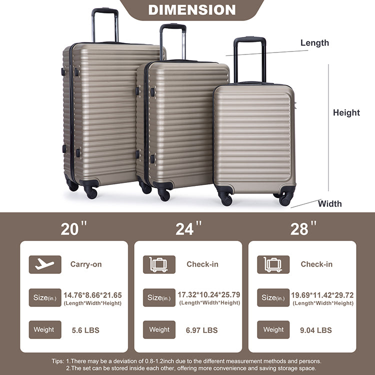 3 Piece Luggage Sets Abs Lightweight Suitcase With Two Hooks, Spinner Wheels, Tsa Lock, 20 24 28 Gold Gold Abs