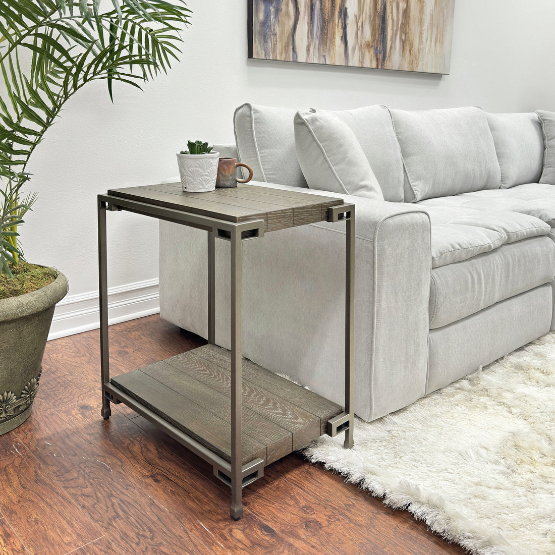 Corbeta Metal Frame Wood Living Room Chairside Table With Shelf, Aged Graphite Brown Wood