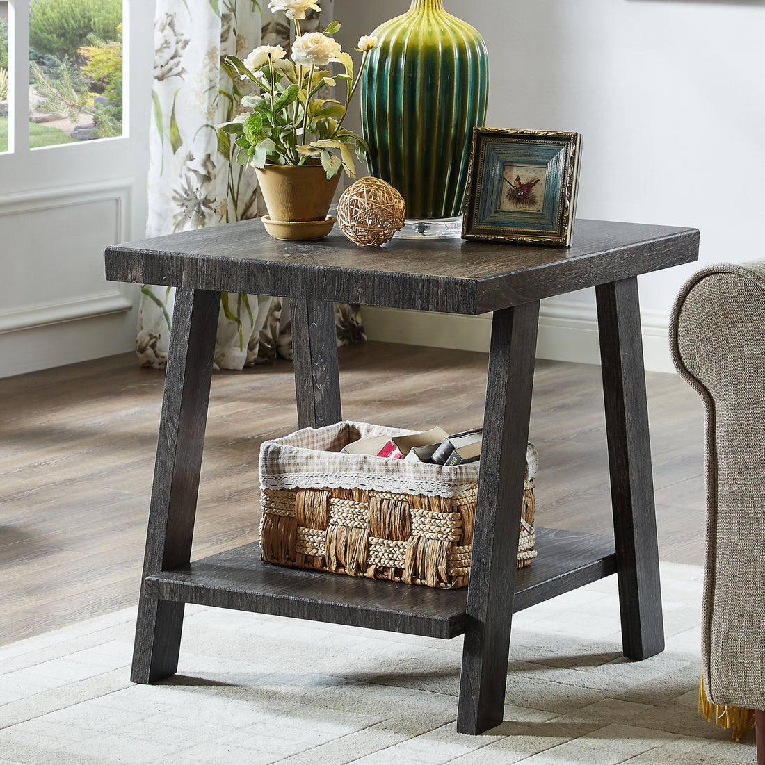 Athens Contemporary Replicated Wood Shelf End Table In Charcoal Finish Charcoal Wood