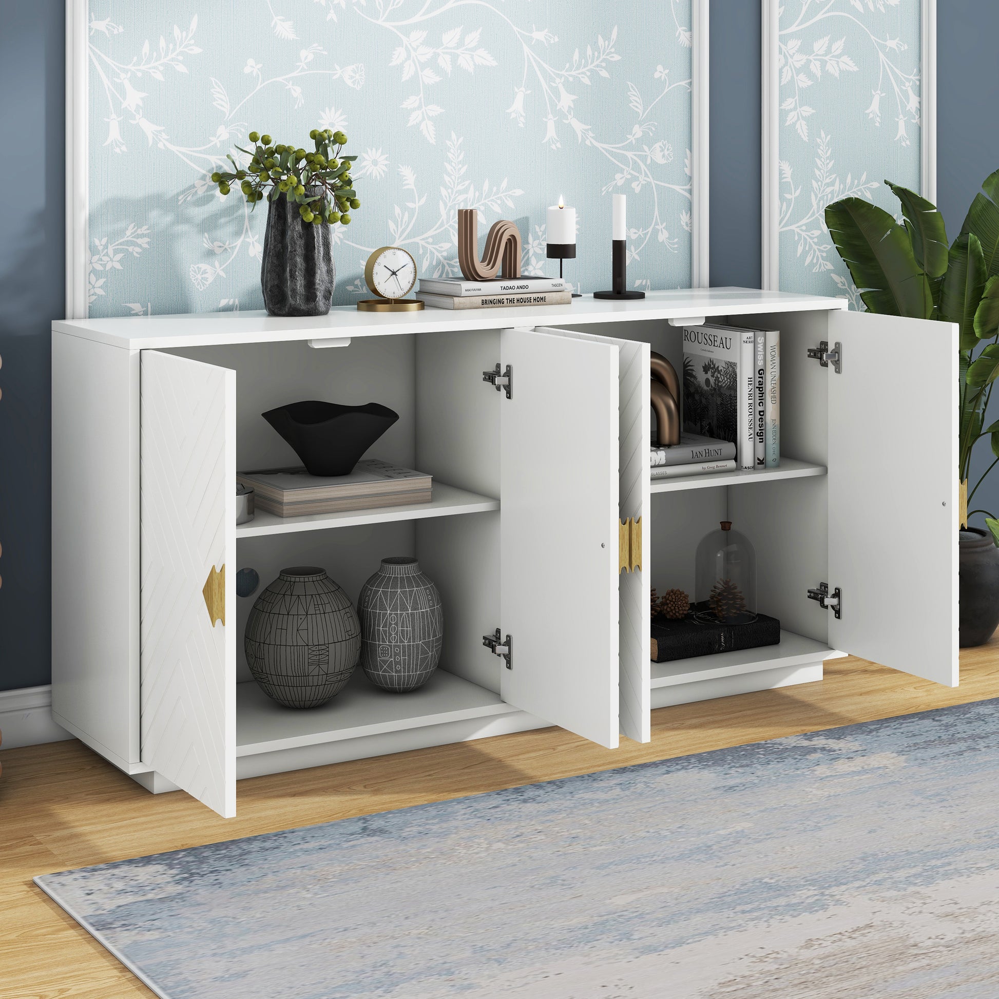 Modern Functional Large Storage Space Sideboard With Wooden Triangular Handles And Adjustable Shelves For Living Room And Dining Room White White Mdf