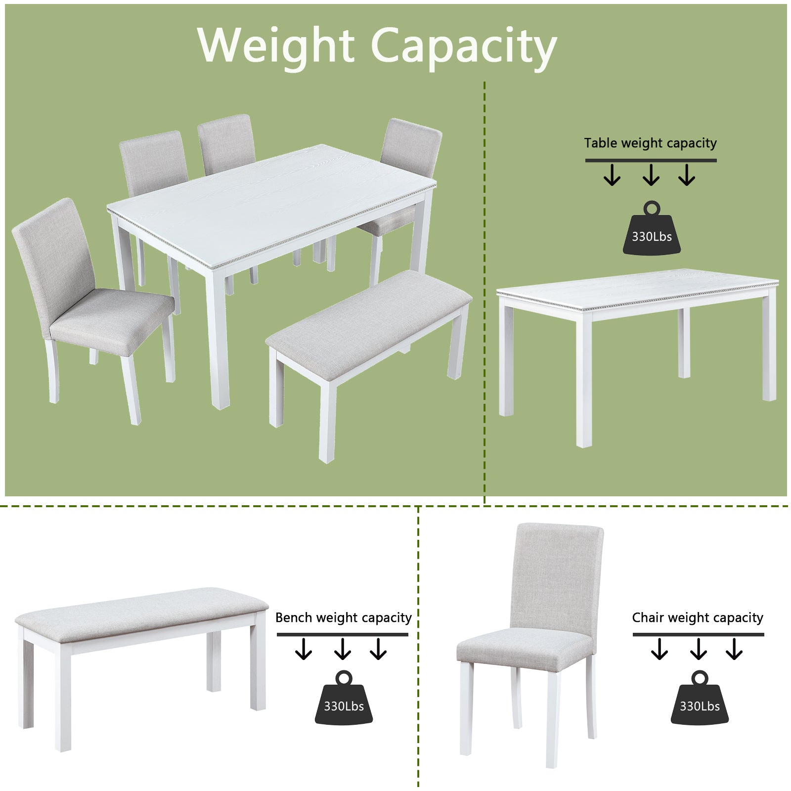 Wooden Dining Rectangular Table With Bench, Kitchen Table With Bench For Small Space, 6 Person Dining Table, White Beige White Seats 6 Dining Room Rectangular 4 Leg Rectangular Dining Table With Chair And Bench Solid Wood Mdf