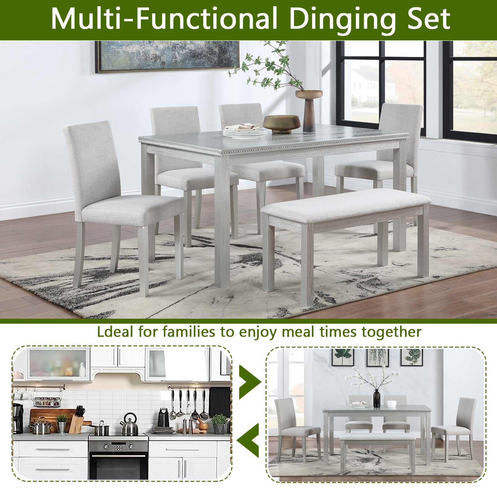 Wooden Dining Rectangular Table With Bench, Kitchen Table With Bench For Small Space, 6 Person Dining Table, Silver Grey Beige Silver Gray Seats 6 Dining Room Rectangular 4 Leg Rectangular Dining Table With Chair And Bench Solid Wood Mdf