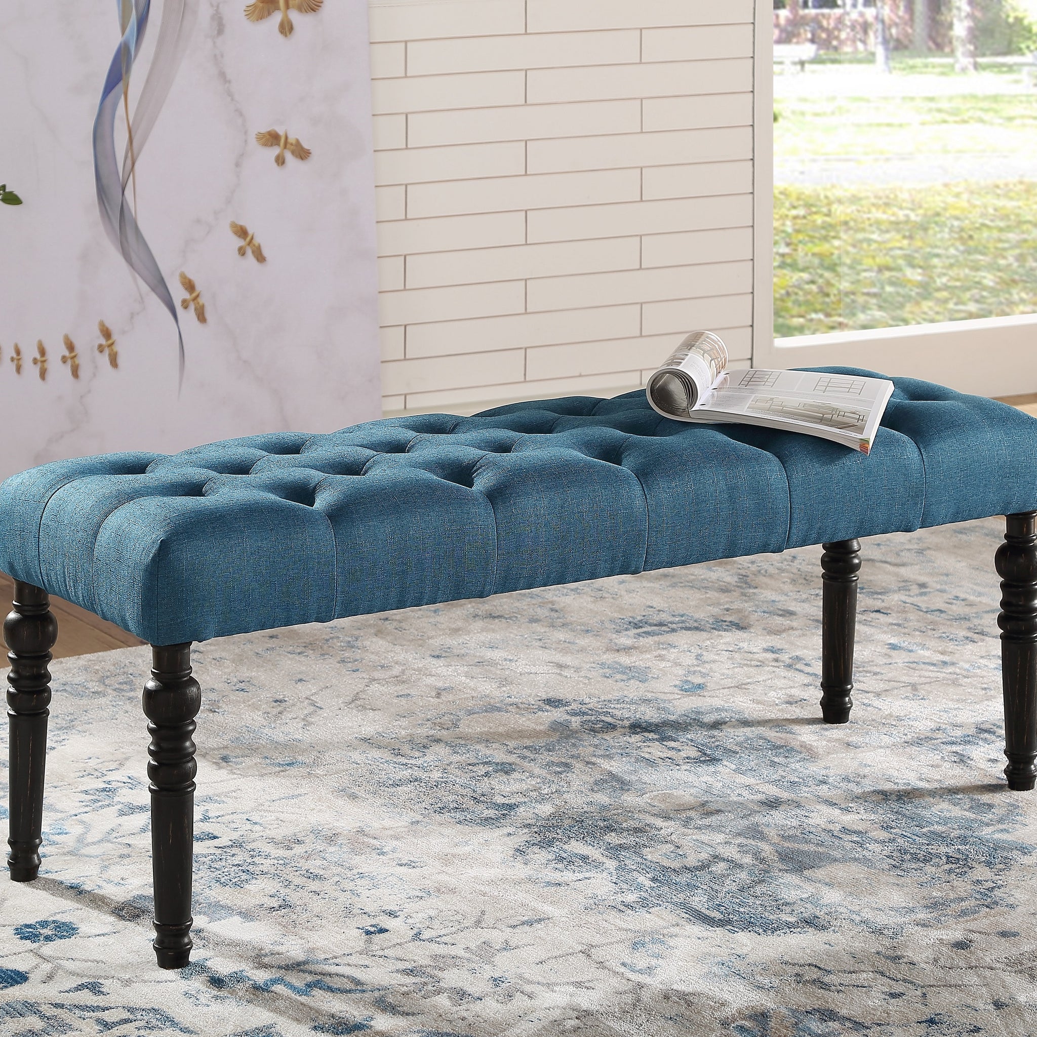 Leviton Fabric Tufted Turned Leg Dining Bench, Blue Blue Wood