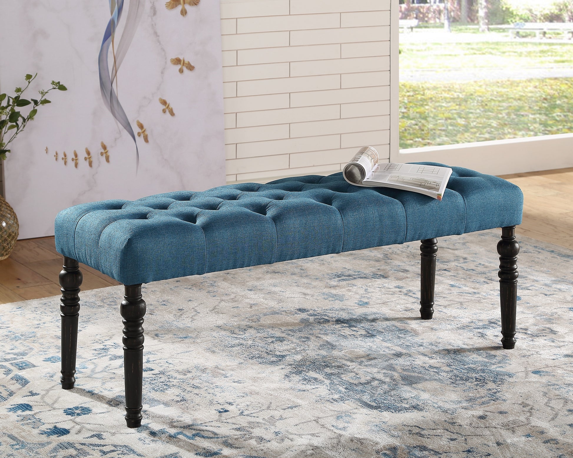 Leviton Fabric Tufted Turned Leg Dining Bench, Blue Blue Wood