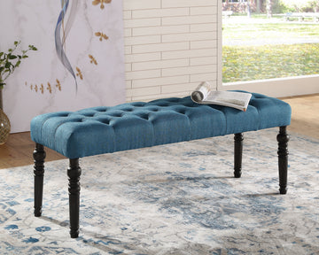 Leviton Fabric Tufted Turned Leg Dining Bench, Blue Blue Wood