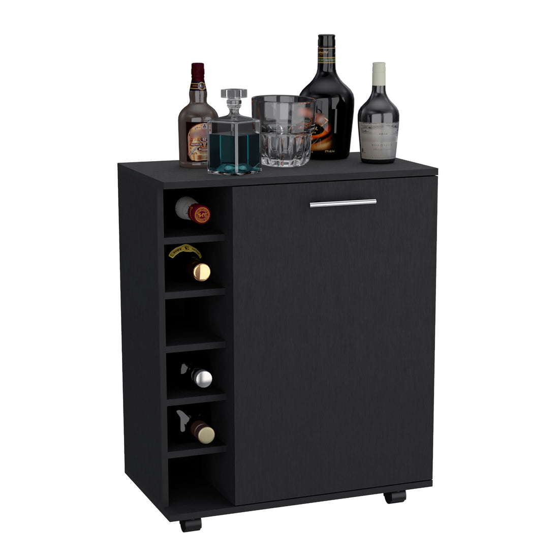 Bar Coffee Cart 32" H, Kitchen Or Living Room Cabinet Storage With 4 Wheels, With 6 Bottle Racks, A Central Shelf Covered By 1 Door, Ideal For Storing Glasses And Snacks, Black Black Particle Board Particle Board