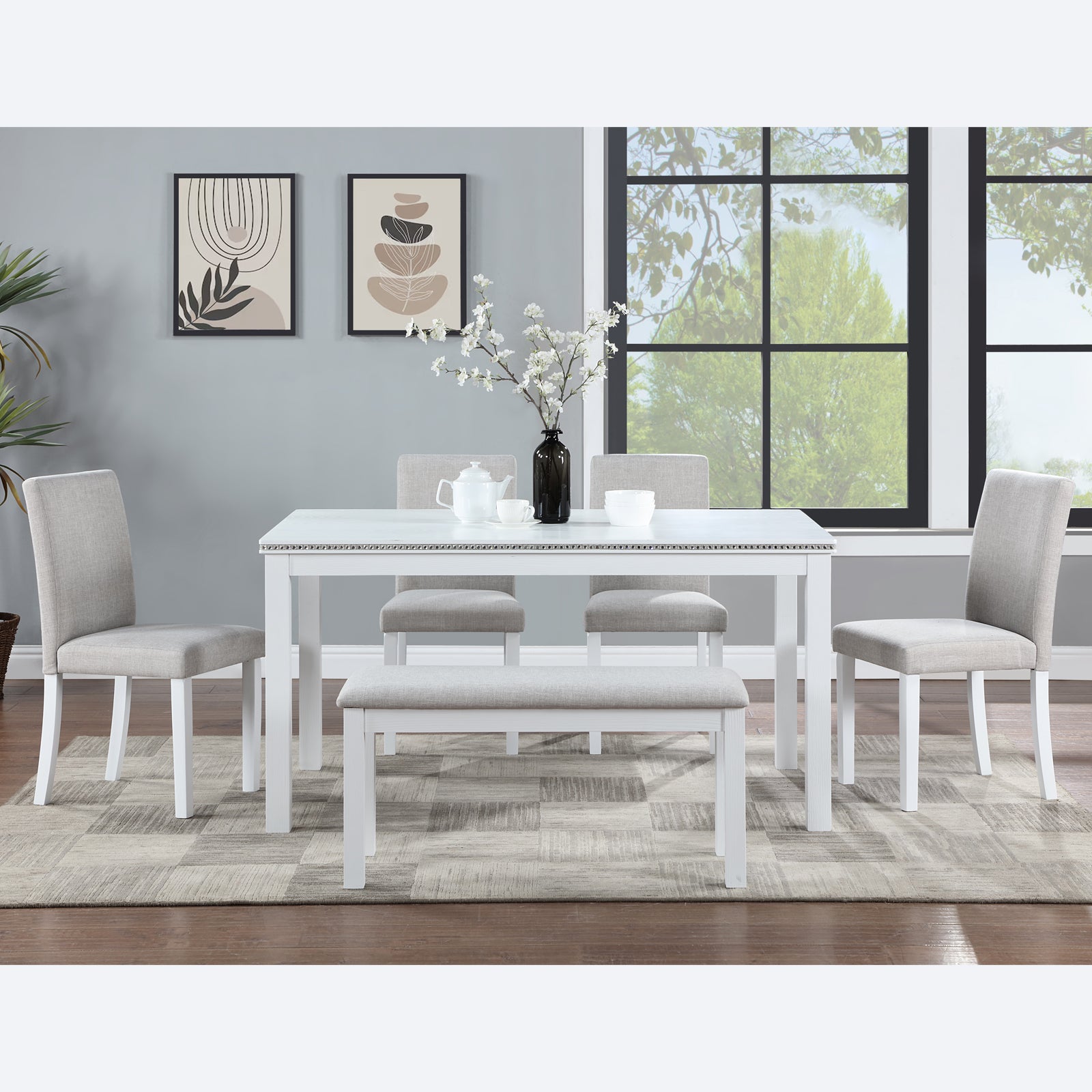 Wooden Dining Rectangular Table With Bench, Kitchen Table With Bench For Small Space, 6 Person Dining Table, White Beige White Seats 6 Dining Room Rectangular 4 Leg Rectangular Dining Table With Chair And Bench Solid Wood Mdf