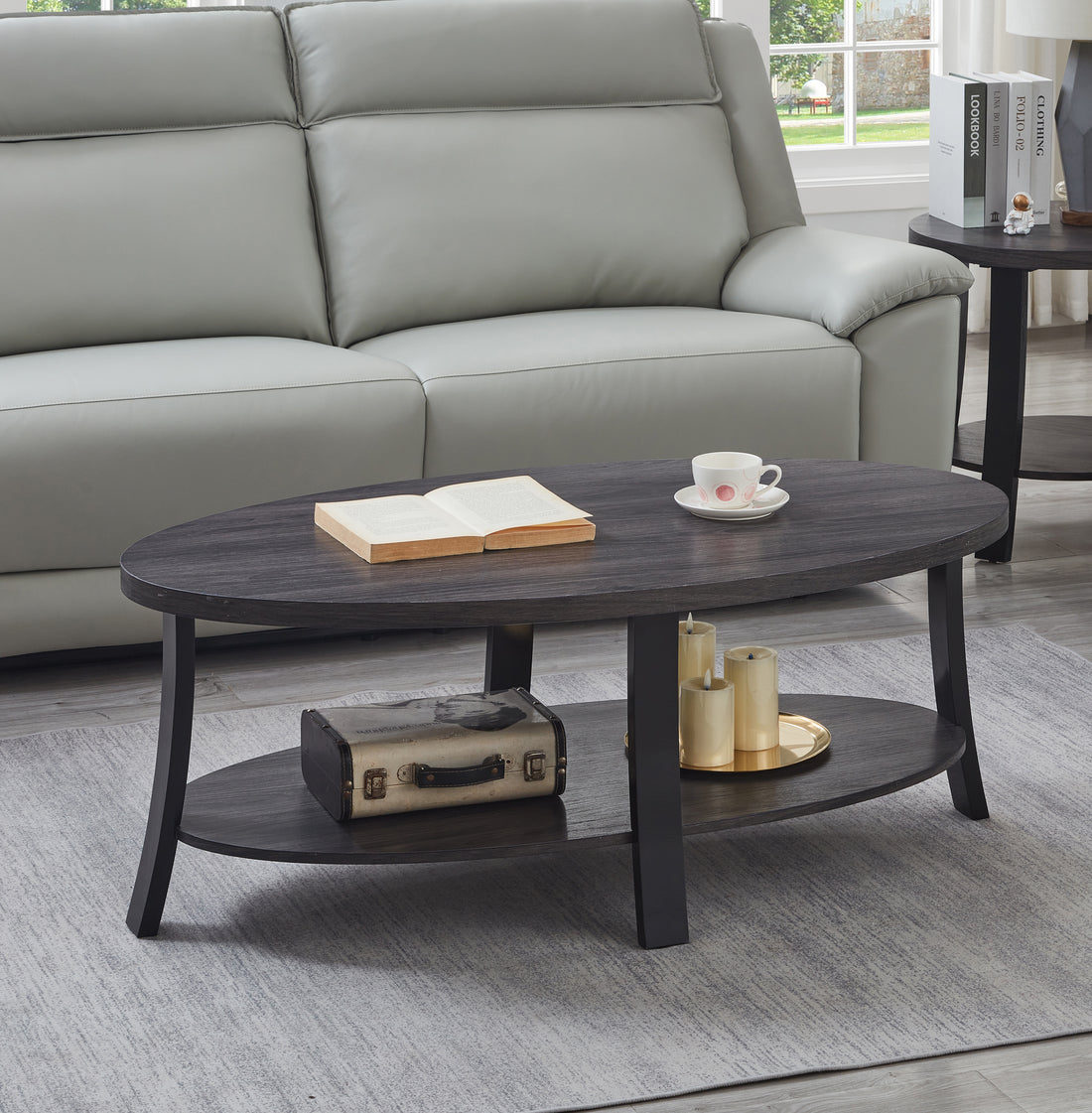 Anze Contemporary Oval Wood Shelf Coffee Table In Charcoal Finish Charcoal Wood