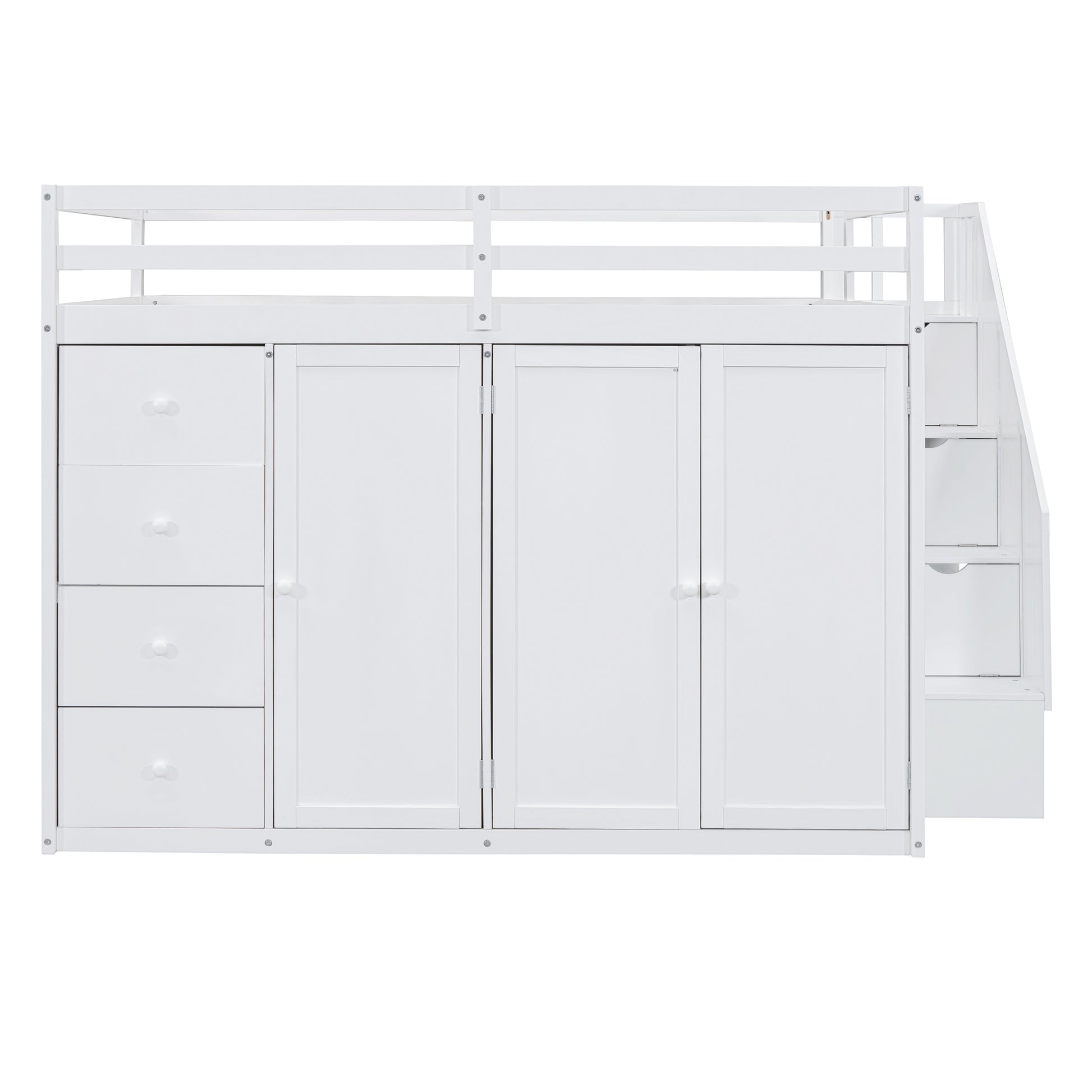 Full Size Wood Loft Bed With Built In Wardrobes, Cabinets And Drawers, White White Solid Wood Mdf