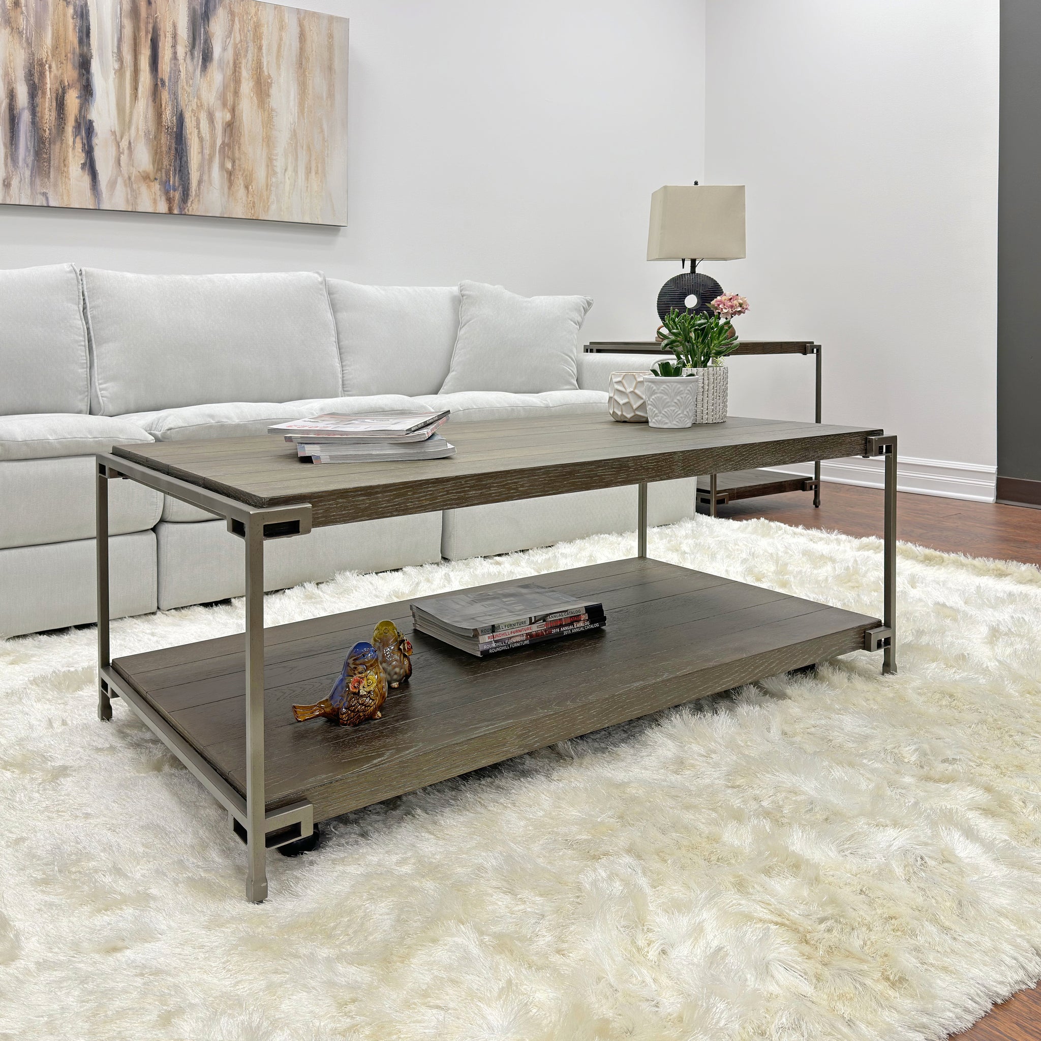 Corbeta Metal Frame Wood Living Room Coffee Table With Casters Brown Wood Metal