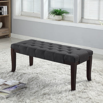 Linon Tufted Bench, Fabric, Gray Gray Faux Leather