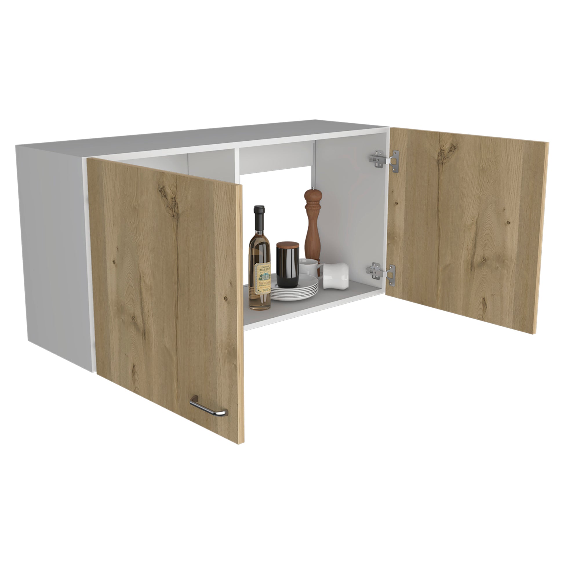 Wall Cabinet 19"H, Two Doors, Two Internal Shelves, White Light Oak Multicolor Particle Board Particle Board