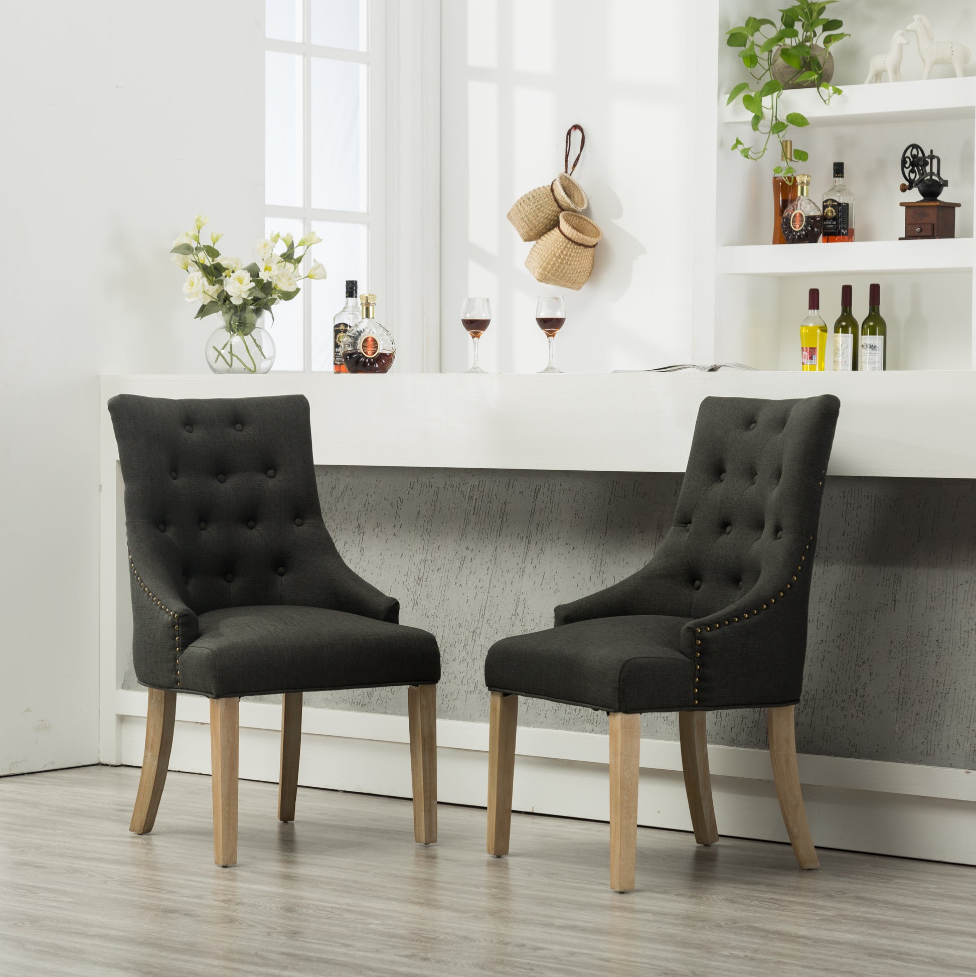 Charcoal Button Tufted Solid Wood Wingback Hostess Chairs With Nail Heads Set Of 2 Charcoal Polyester