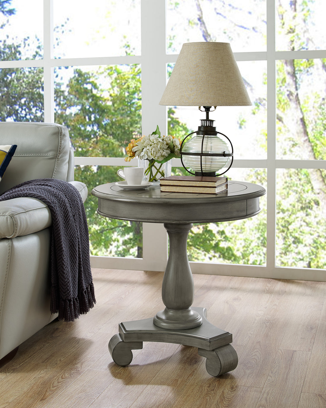 Rene Round Wood Pedestal Side Table, Gray Gray Wood