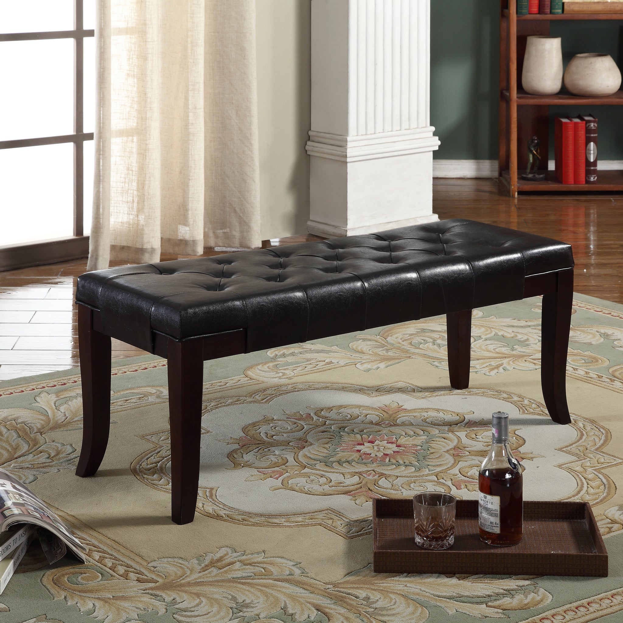 Linon Tufted Bench, Faux Leather, Espresso Espresso Faux Leather