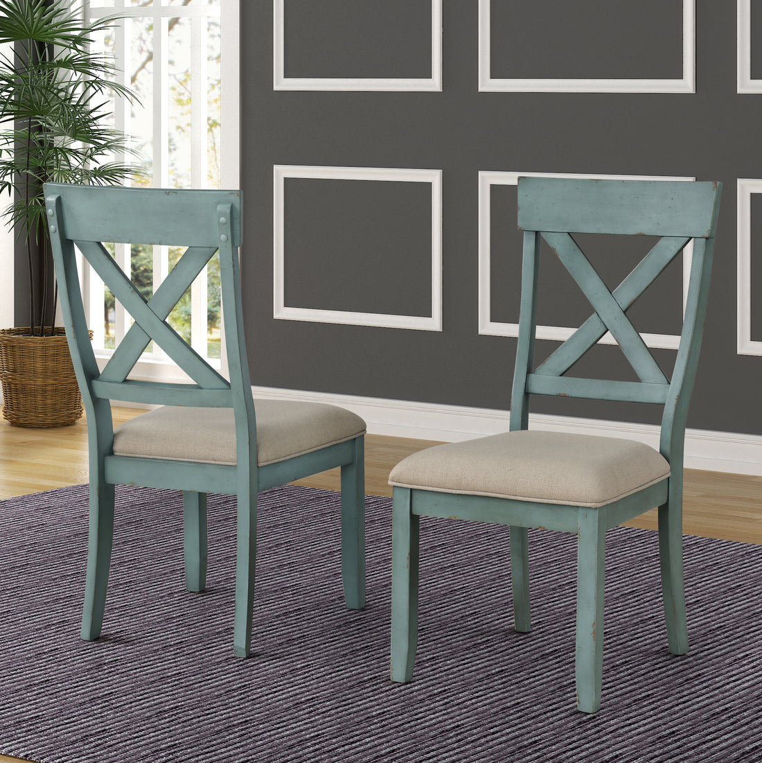 Prato Wood Cross Back Upholstered Dining Chairs, Set Of 2, Antique Blue Blue Wood