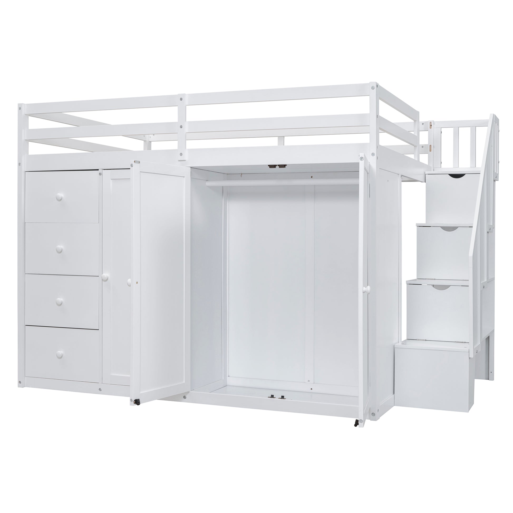 Full Size Wood Loft Bed With Built In Wardrobes, Cabinets And Drawers, White White Solid Wood Mdf