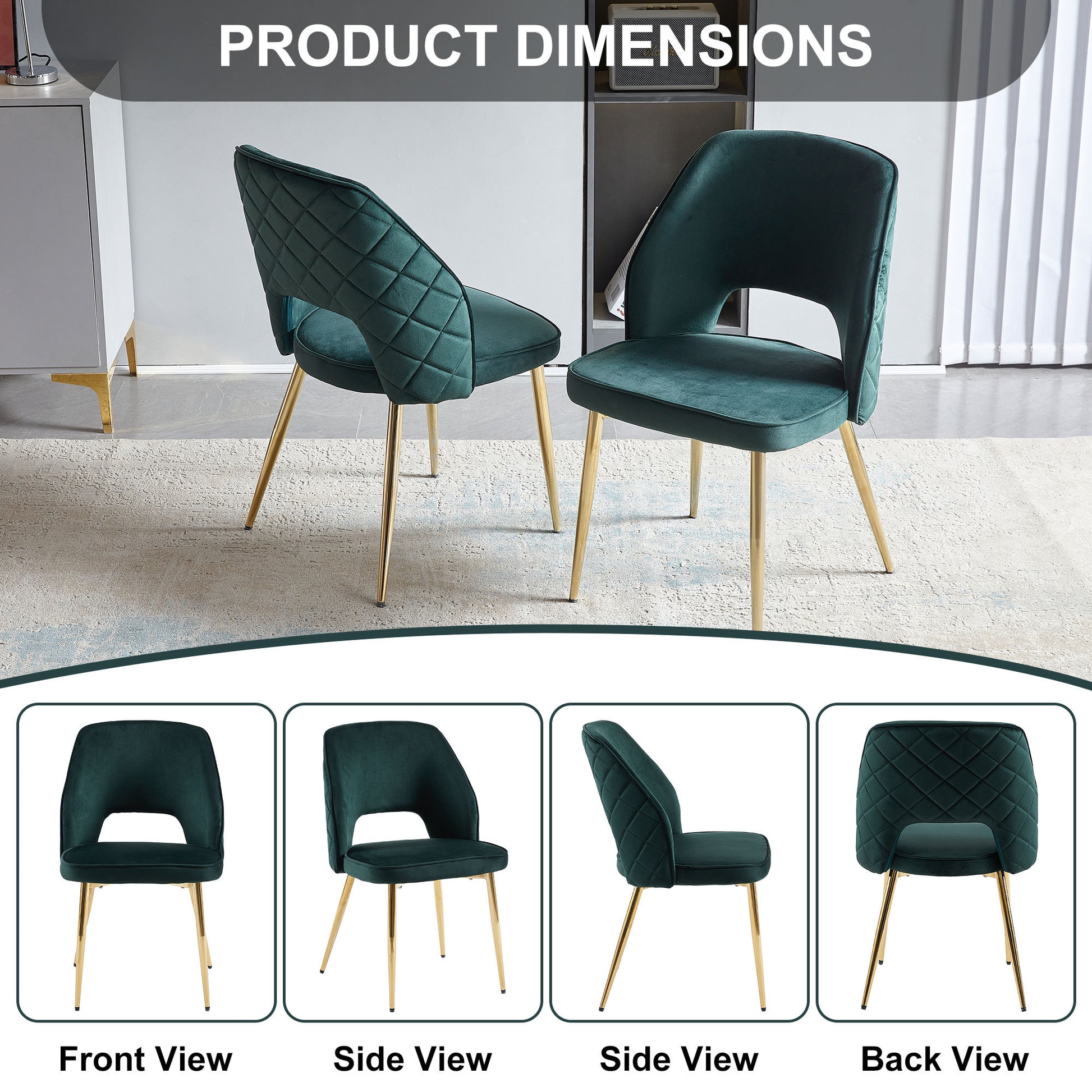 Dark Green Velvet Dining Chairs With Metal Legs And Hollow Back Upholstered Dining Chairs Set Of 4 Dark Green Dining Room Modern Dining Chairs Velvet