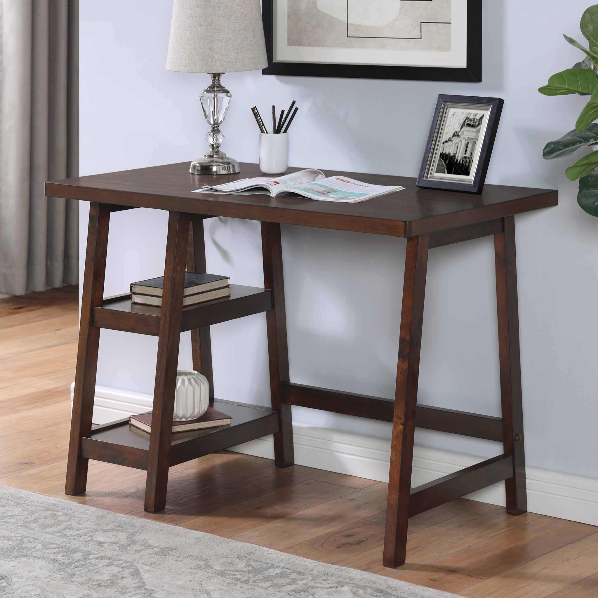 Redina Contemporary Wood Writing Desk With Storage, Espresso Espresso Rubber Wood