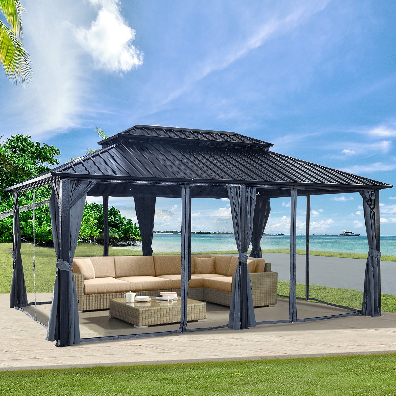 12x18ft Hardtop Gazebo with Nettings and Curtains