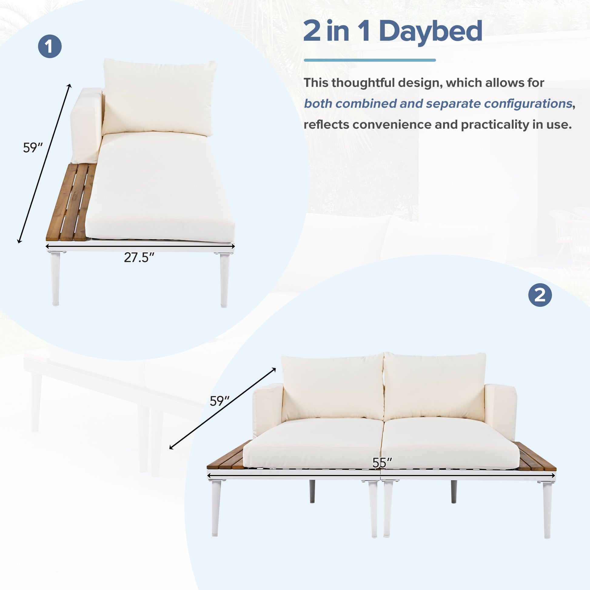 Modern Outdoor Daybed Patio Metal Daybed With Wood Topped Side Spaces For Drinks, 2 In 1 Padded Chaise Lounges For Poolside, Balcony, Deck, Beige Yes Lounge Beige Weather Resistant Frame Fade