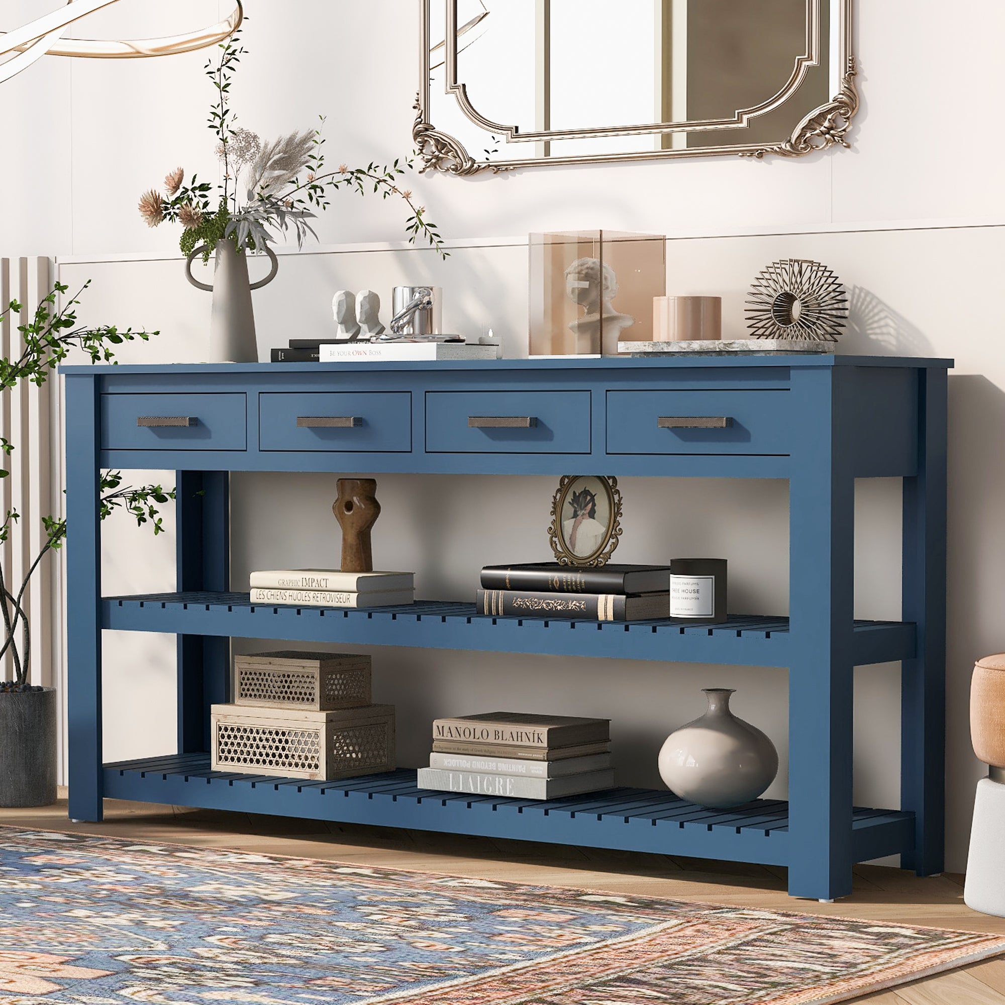 Stylish Entryway Console Table With 4 Drawers And 2 Shelves, Suitable For Entryways, Living Rooms. Navy Blue Mdf