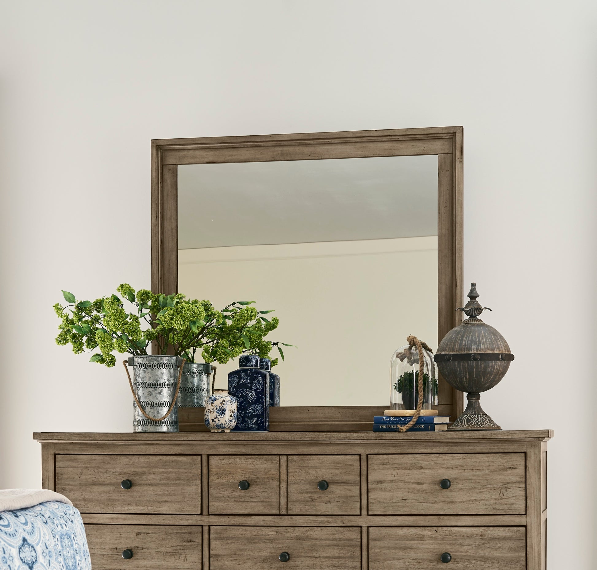 Hideaway Mirror, No Assembly Required, Orchard Grey Finish Greige Transitional Wood