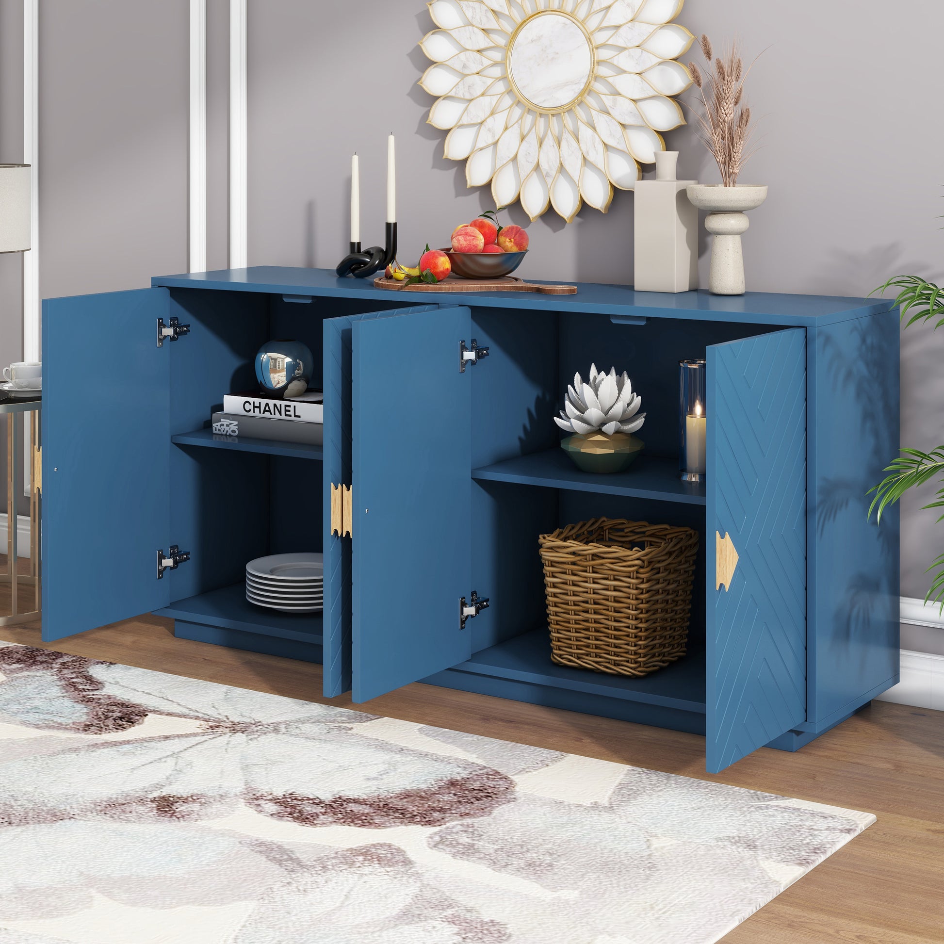 Modern Functional Large Storage Space Sideboard With Wooden Triangular Handles And Adjustable Shelves For Living Room And Dining Room Navy Blue Navy Blue Mdf