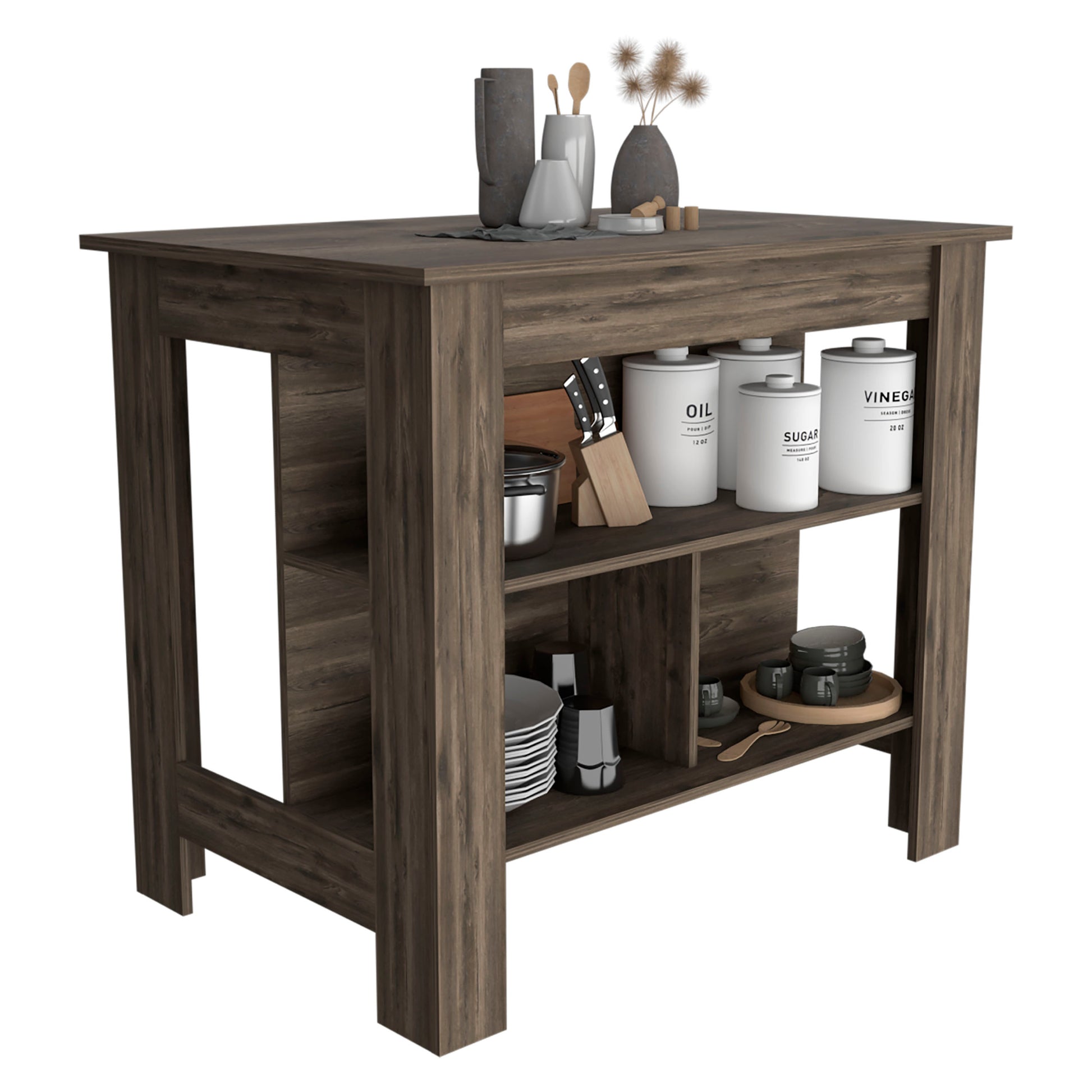 Kitchen Island, kitchen table 35" H, Four Legs, Three brown-particle board-particle board