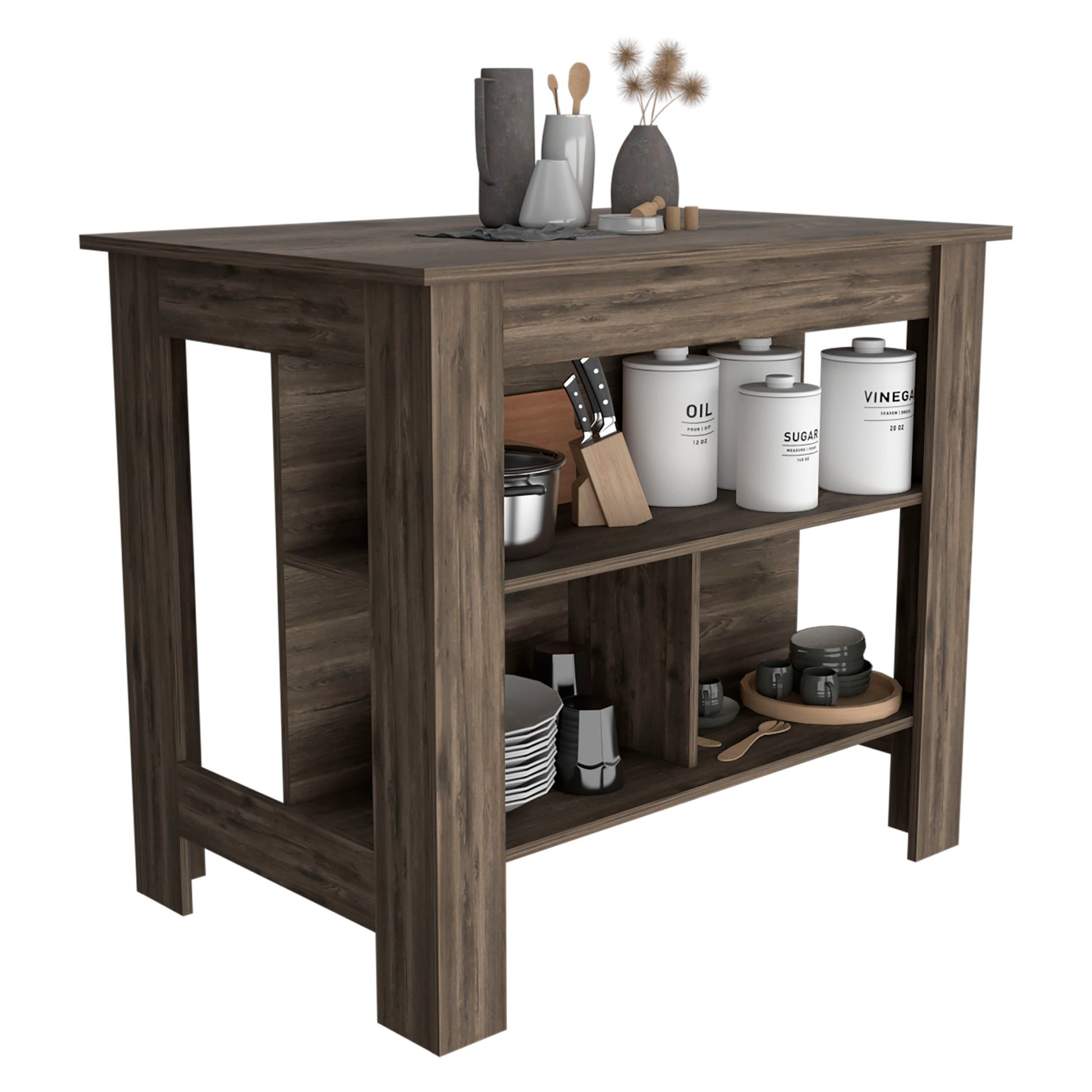 Delos Kitchen Island, Four Legs, Three Shelves, Dark Brown Brown Particle Board Particle Board