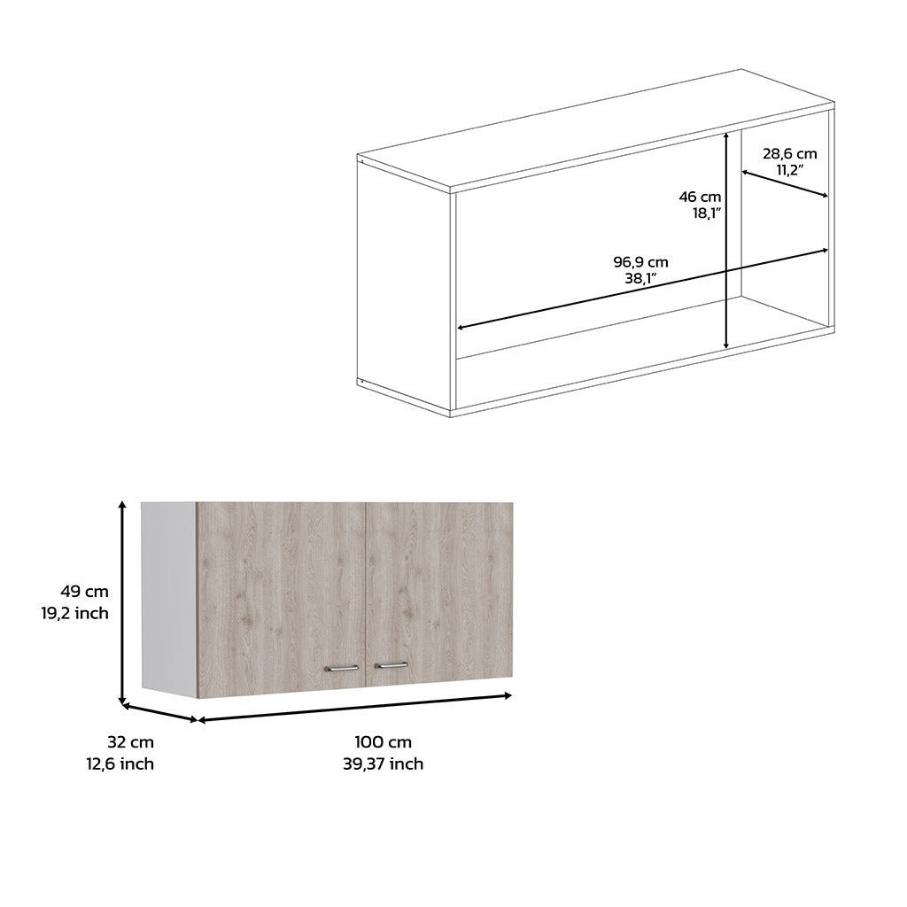 Wall Cabinet 19"H, Two Doors, Two Internal Shelves, White Light Gray Multicolor Particle Board Particle Board