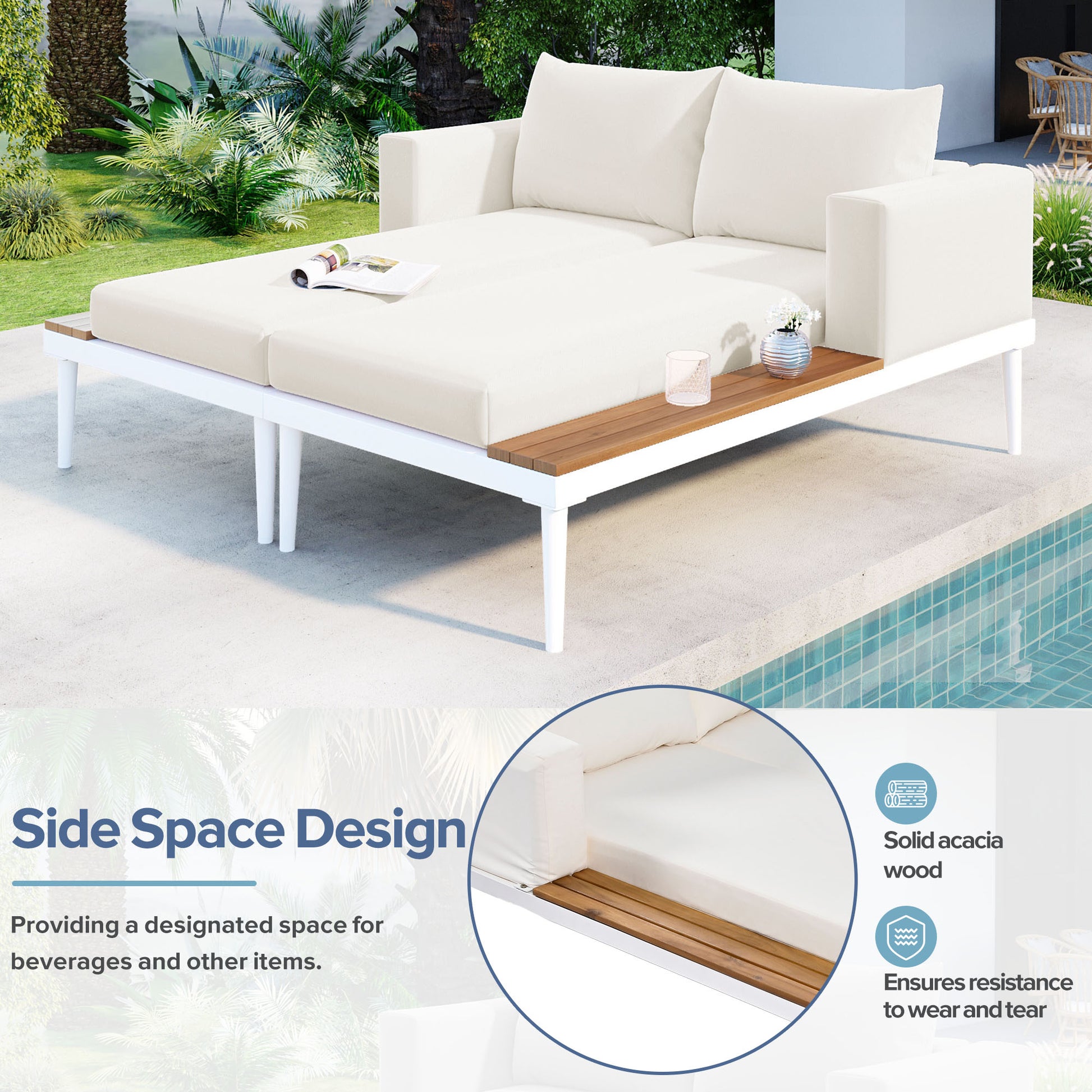 Modern Outdoor Daybed Patio Metal Daybed With Wood Topped Side Spaces For Drinks, 2 In 1 Padded Chaise Lounges For Poolside, Balcony, Deck, Beige Yes Lounge Beige Weather Resistant Frame Fade