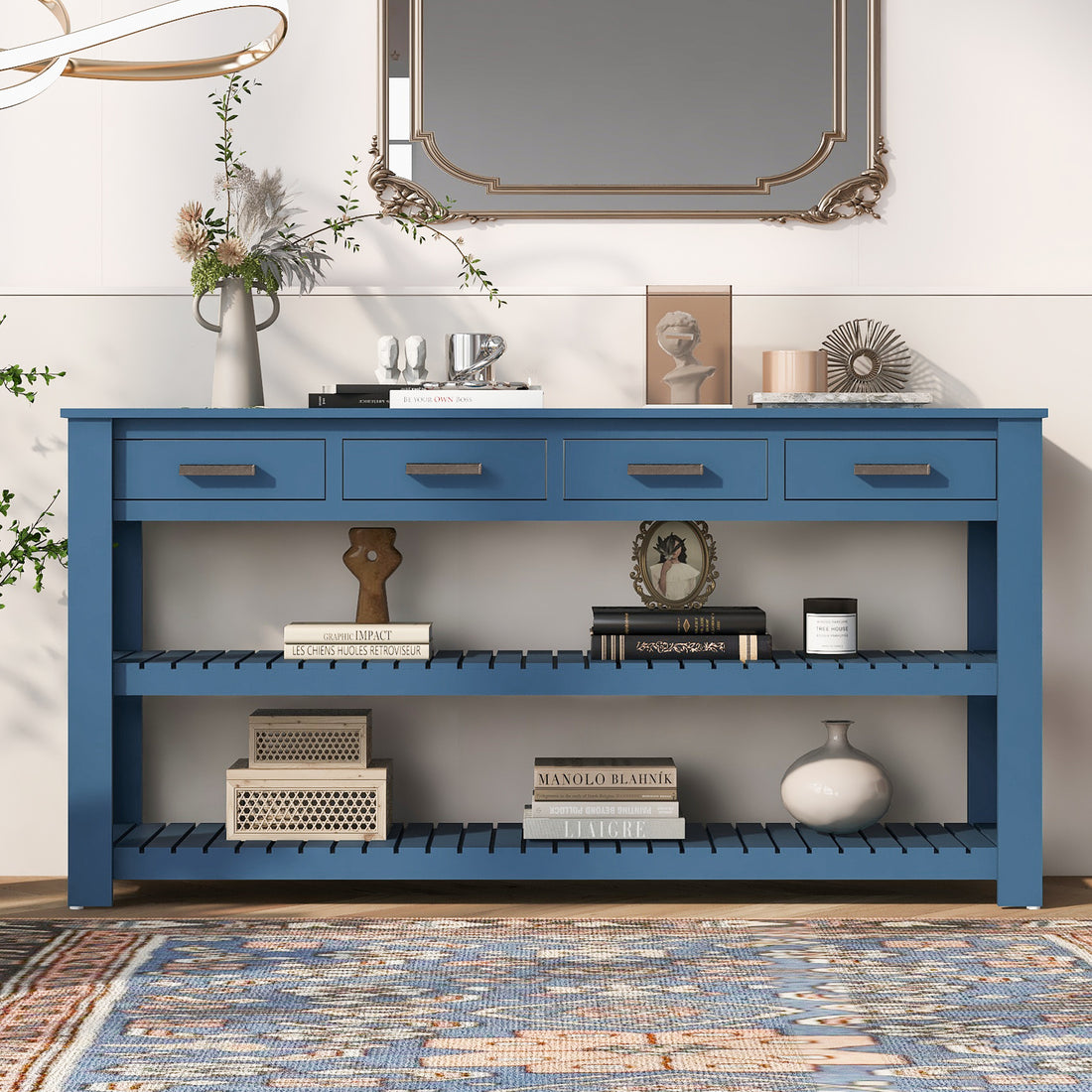 Stylish Entryway Console Table With 4 Drawers And 2 Shelves, Suitable For Entryways, Living Rooms. Navy Blue Mdf