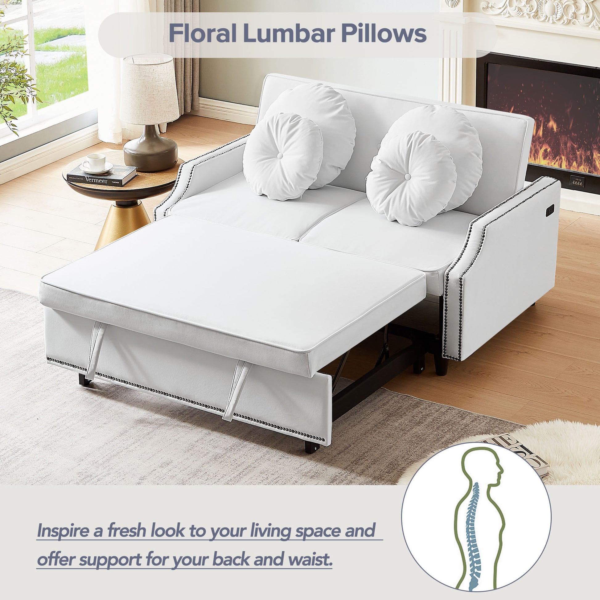 54.7" Multiple Adjustable Positions Sofa Bed Stylish Sofa Bed With A Button Tufted Backrest, Two Usb Ports And Four Floral Lumbar Pillows For Living Room, Bedroom,Or Small Space, Beige Beige Foam Polyester 2 Seat