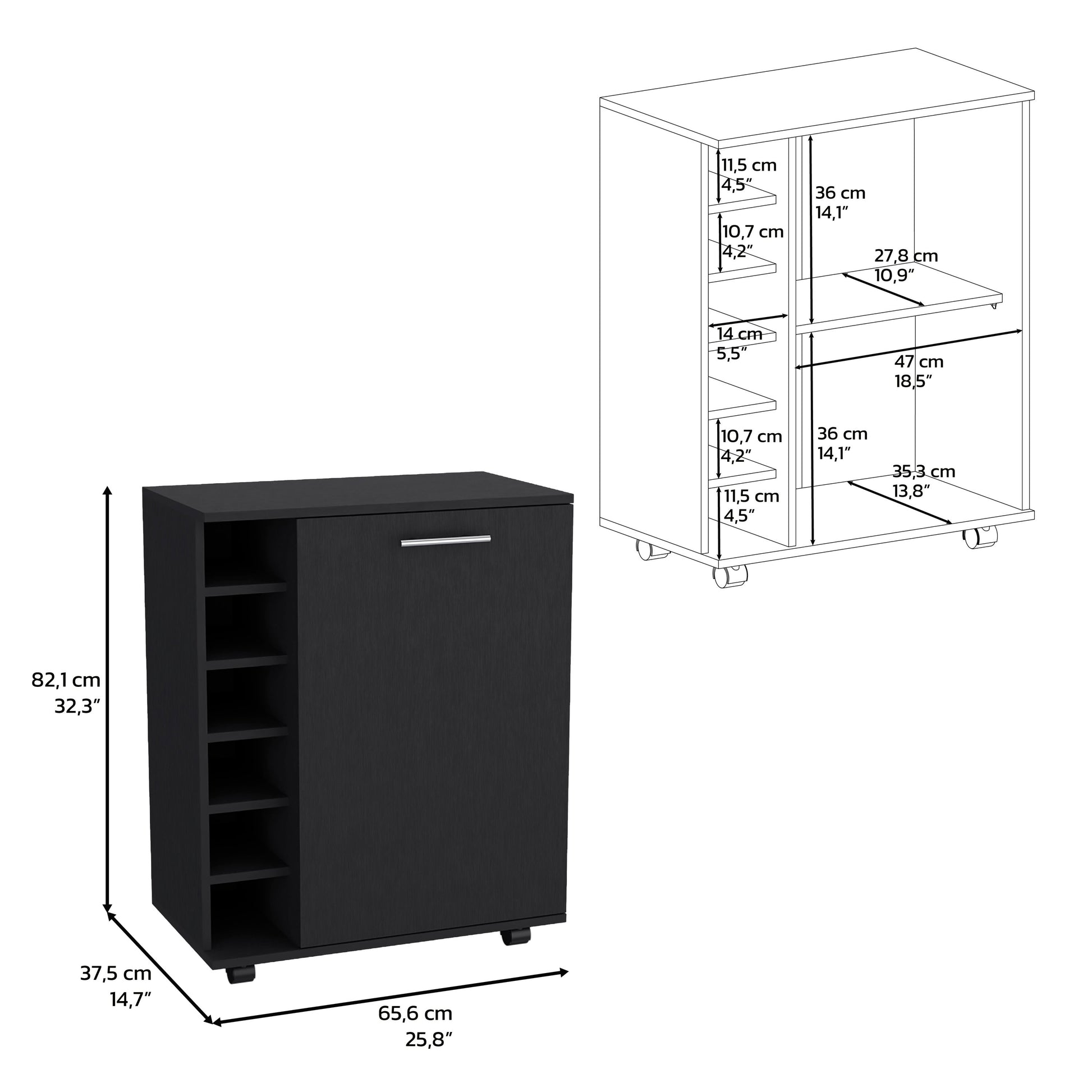 32" H Black Bar Coffee Cart, Kitchen Or Living Room Cabinet Storage With 4 Wheels, With 6 Bottle Racks, A Central Shelf Covered By 1 Door, Ideal For Storing Glasses And Snacks Black Particle Board