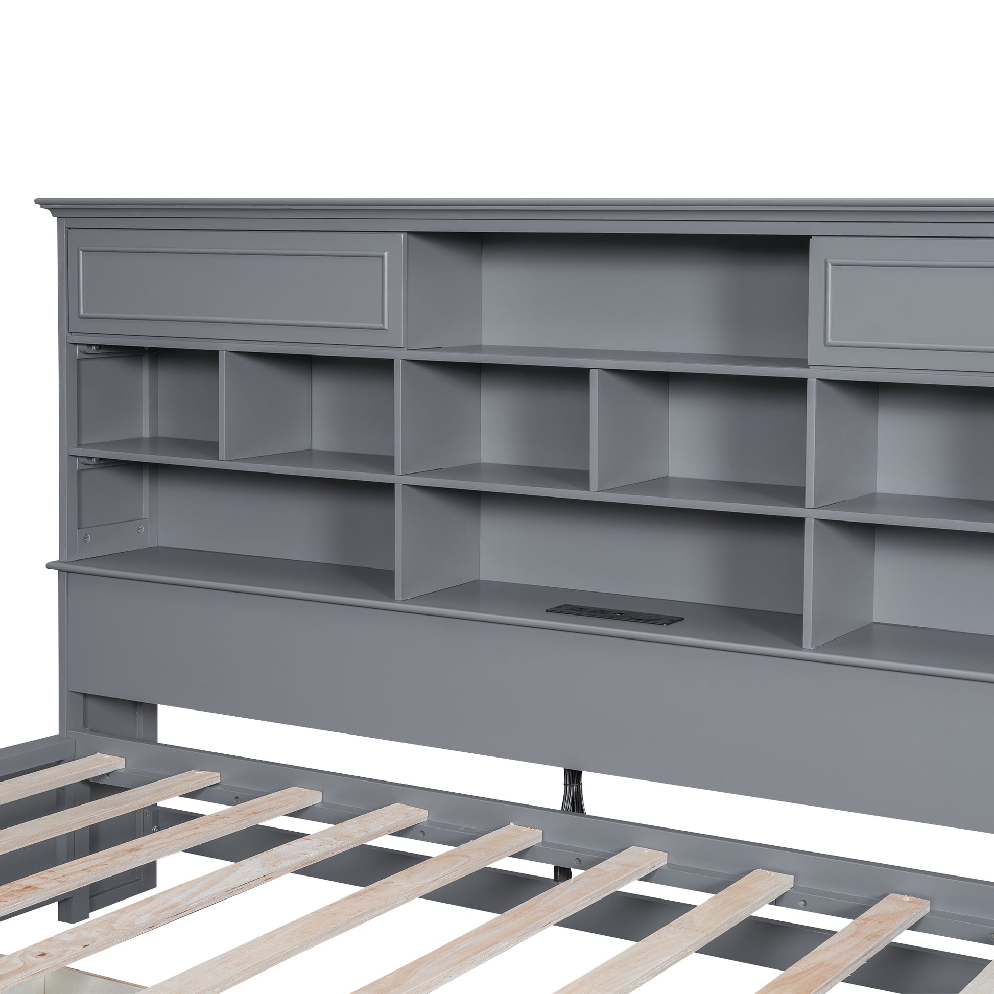 Twin Size Wood Daybed With Multi Storage Shelves, Charging Station And 3 Drawers, Gray Box Spring Not Required Twin Gray Wood Solid Wood Mdf