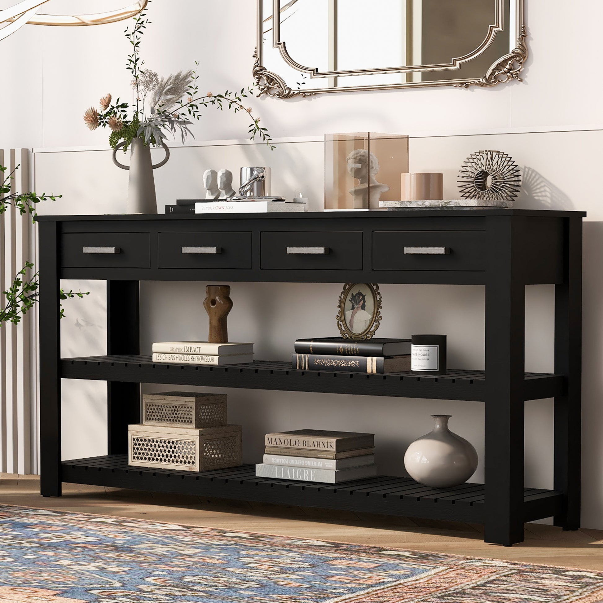 Stylish Entryway Console Table With 4 Drawers And 2 Shelves, Suitable For Entryways, Living Rooms. Black Mdf