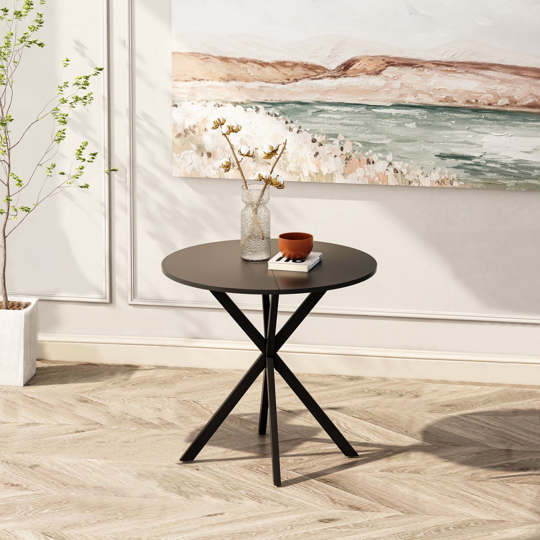 31.5'' Modern Round Dining Table with Crossed Legs black-mdf+metal