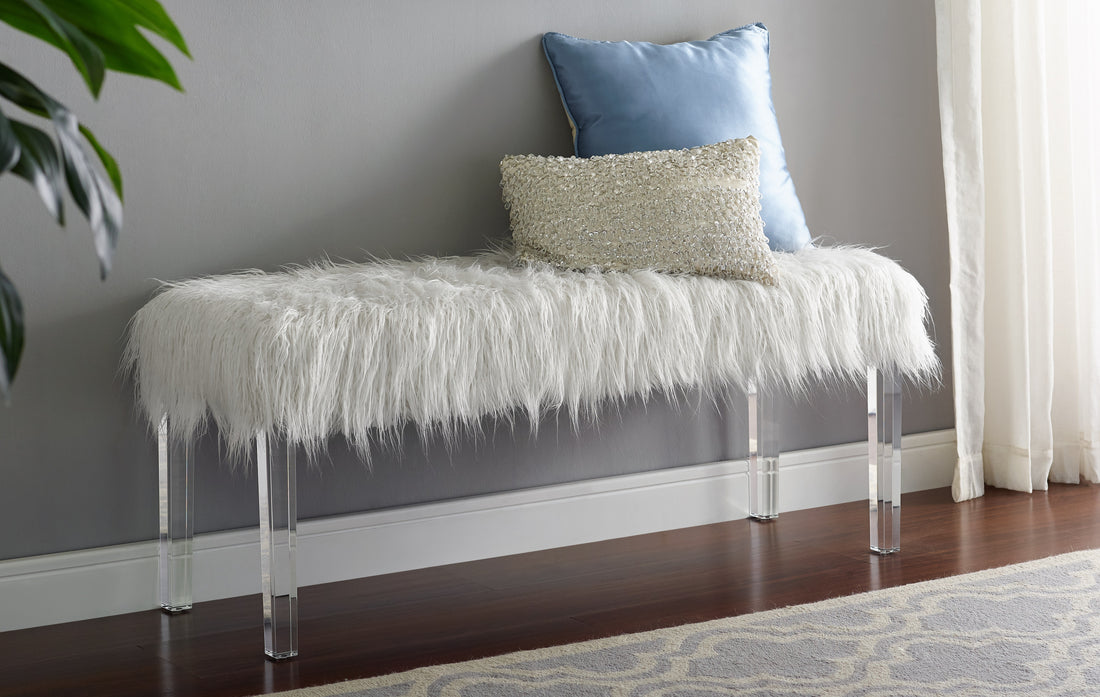 White Faux Fur Bench With Acrylic Legs White Faux Fur