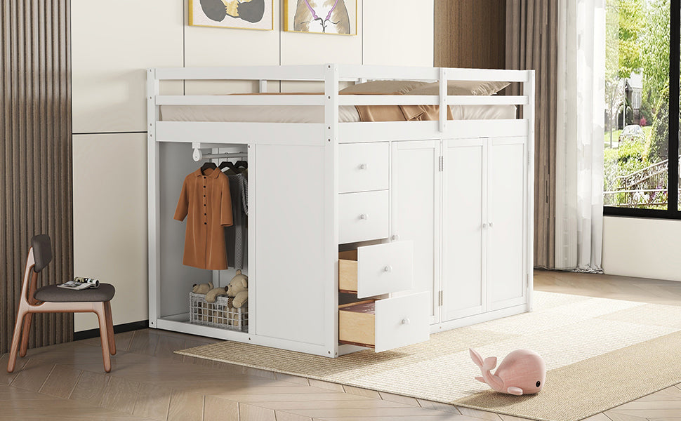 Full Size Wood Loft Bed With Built In Wardrobes, Cabinets And Drawers, White White Solid Wood Mdf
