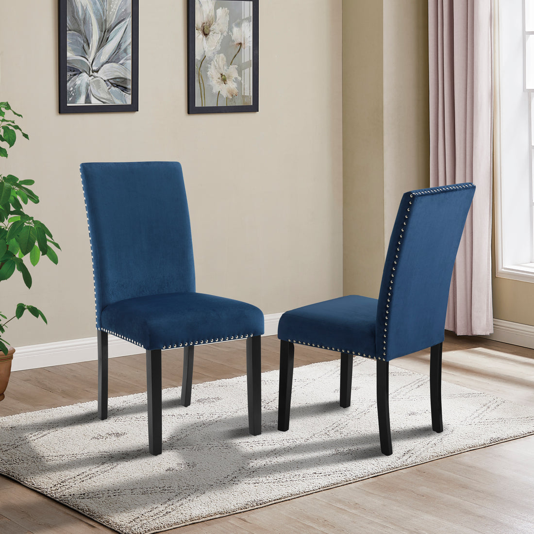 Cobre Contemporary Velvet Dining Chair With Trim, Set Of 2, Blue Blue Wood Fabric