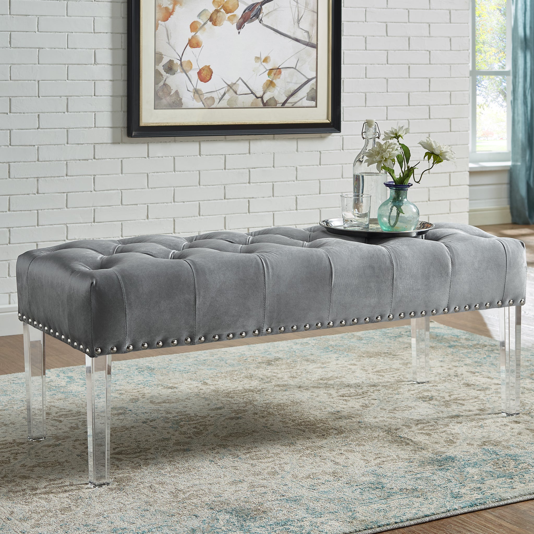 Valley Button Tufted Velvet Upholstered Bench With Acrylic Leg, Gray Gray Velvet