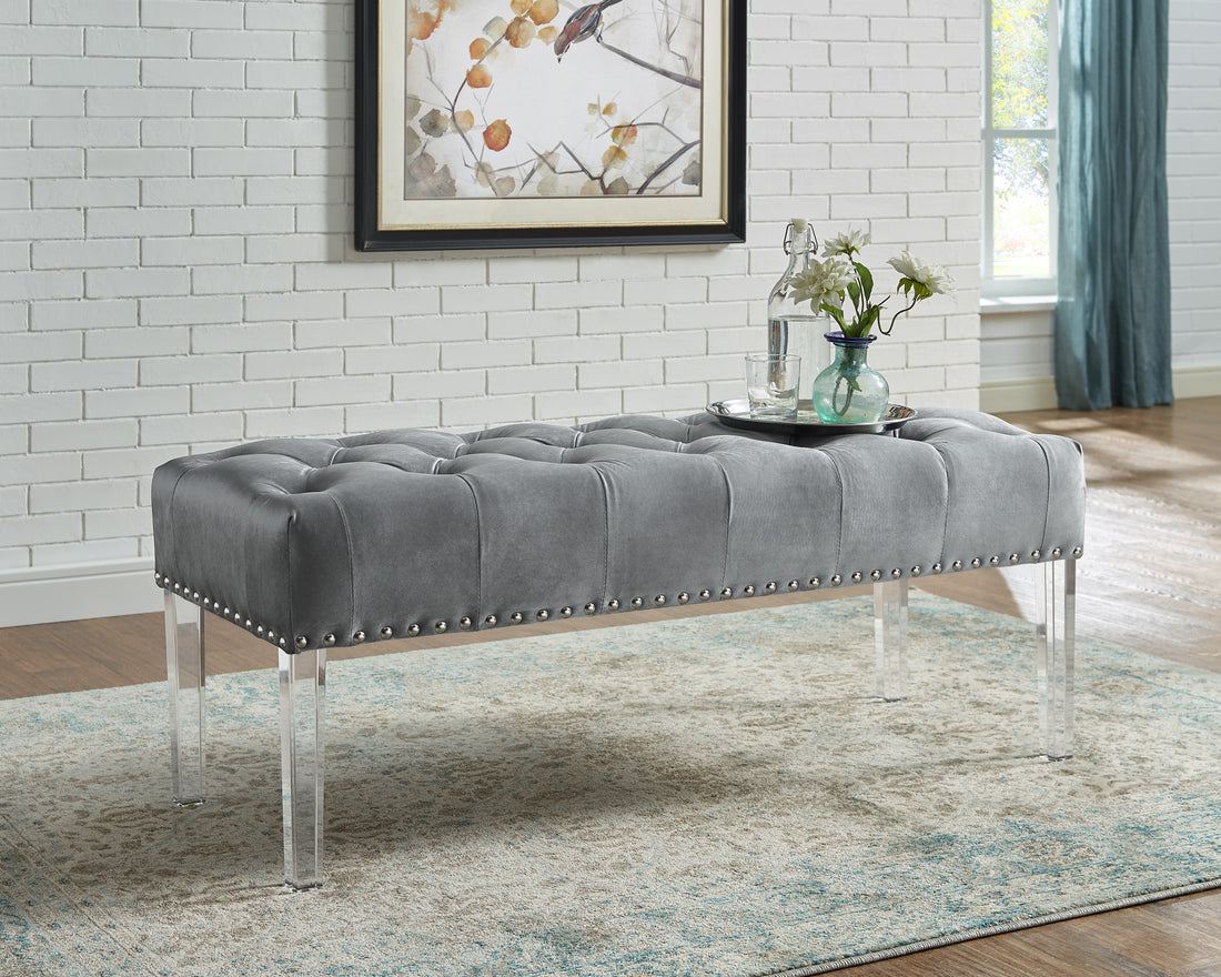 Valley Button Tufted Velvet Upholstered Bench With Acrylic Leg, Gray Gray Velvet