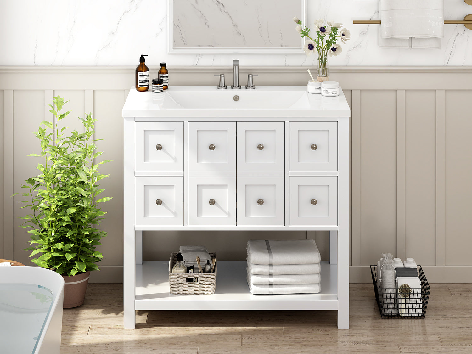 36'' Bathroom Vanity With Undermount Sink,Free Standing Vanity Set With 4 Drawers& Soft Closing Doors,Solid Wood Frame Bathroom Storage Cabinet 4 White 2 2 Adjustable Hinges Bathroom Freestanding Solid Wood Mdf Resin Painted